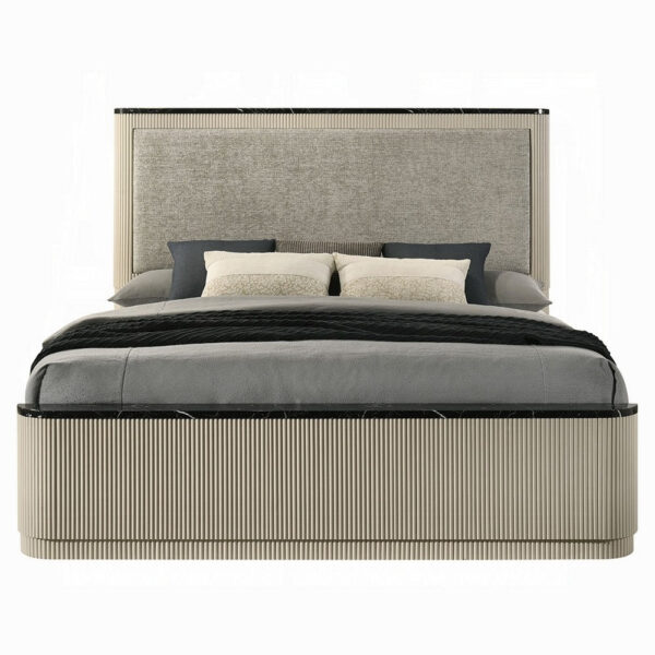 13022026698f09fe82ddb.jpeg Trex Queen Bed, Gray Linen Upholstery, Marble Print Tops, Fluted Beige Wood