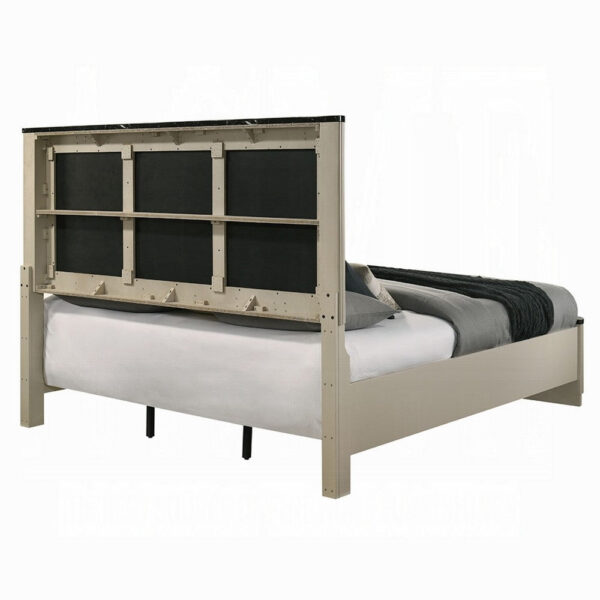 13022026698f0a013d4a3.jpeg Trex Queen Bed, Gray Linen Upholstery, Marble Print Tops, Fluted Beige Wood