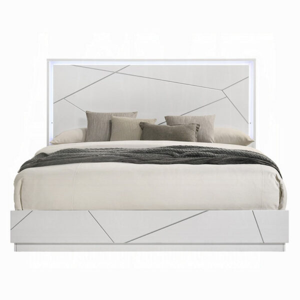 Esy Queen Size Storage Bed with LED Headboard, USB Ports, White and Silver