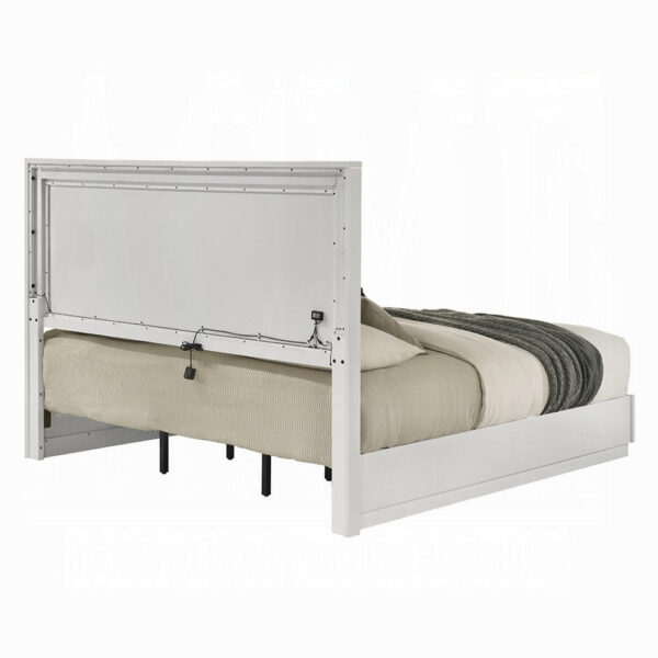 Esy Queen Size Storage Bed with LED Headboard, USB Ports, White and Silver