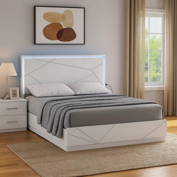 Esy Queen Size Storage Bed with LED Headboard, USB Ports, White and Silver