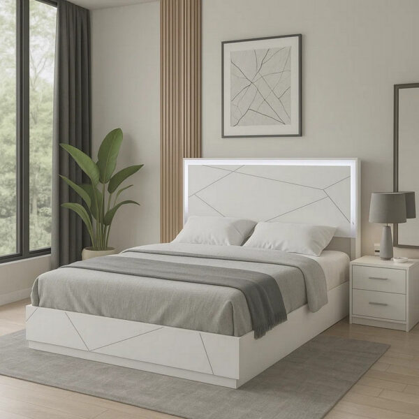 Esy Queen Size Storage Bed with LED Headboard, USB Ports, White and Silver