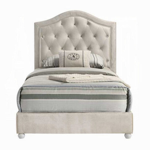 Rex Twin Size Bed with Storage and Beige Button Tufted Arched Headboard