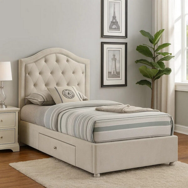 Rex Twin Size Bed with Storage and Beige Button Tufted Arched Headboard