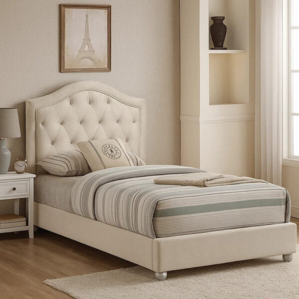 Rex Twin Size Bed with Storage and Beige Button Tufted Arched Headboard