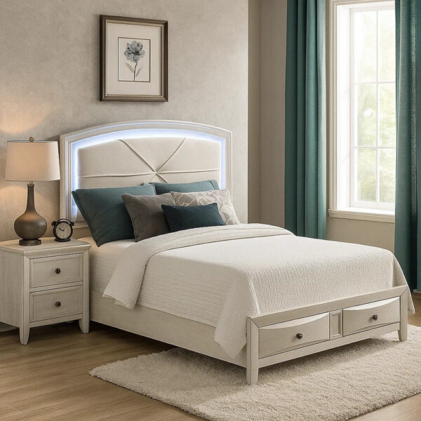 13022026698f0a31f2c4e.jpeg Remy Queen Size Bed with LED Headboard, 2 Bottom Drawers, Antique White