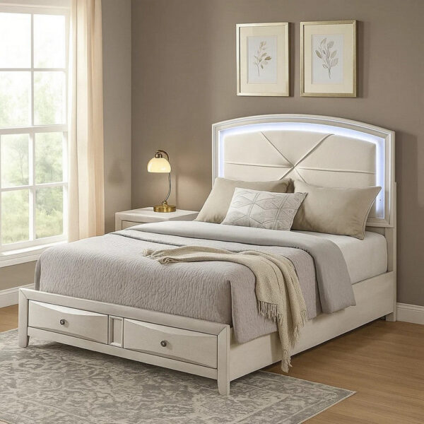 13022026698f0a33ad5a9.jpeg Remy Queen Size Bed with LED Headboard, 2 Bottom Drawers, Antique White