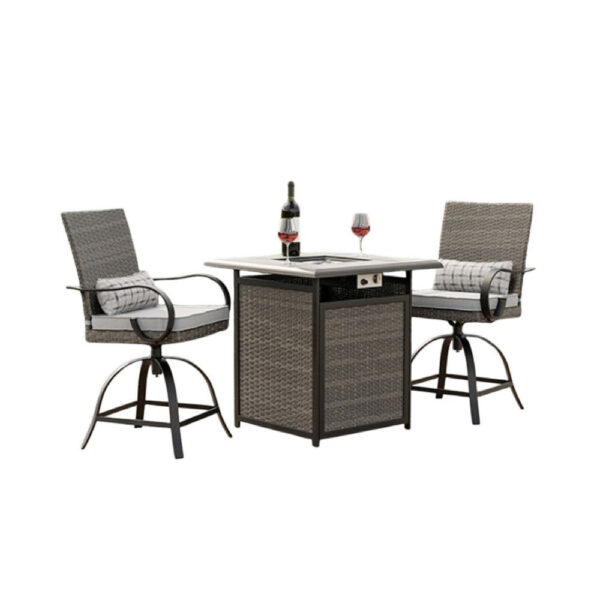 Noa 3pc Outdoor Fire Pit Counter Height Set w Swivel Chairs, Black Gray