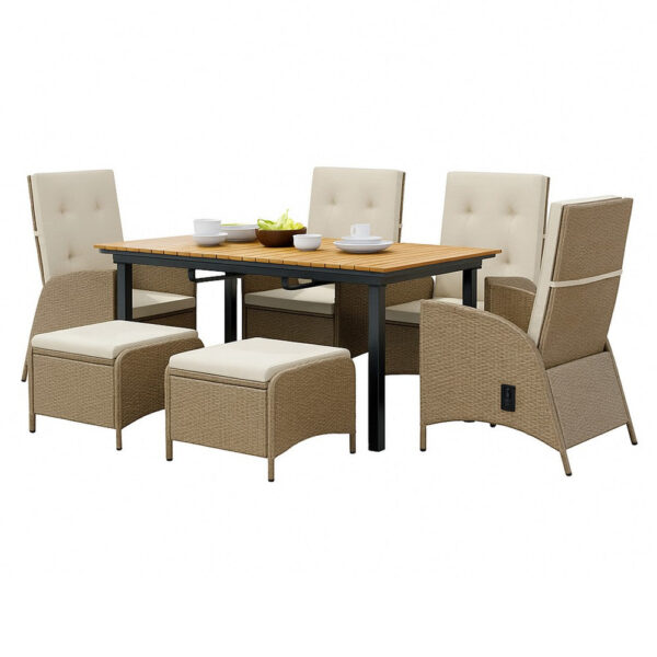 Ankia 7pc Outdoor Reclining Dining Set, 2 Ottomans, 62-84 Inch Table, Brown