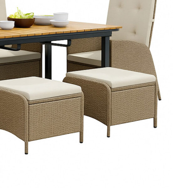 Ankia 7pc Outdoor Reclining Dining Set, 2 Ottomans, 62-84 Inch Table, Brown