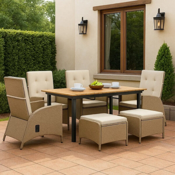 Ankia 7pc Outdoor Reclining Dining Set, 2 Ottomans, 62-84 Inch Table, Brown