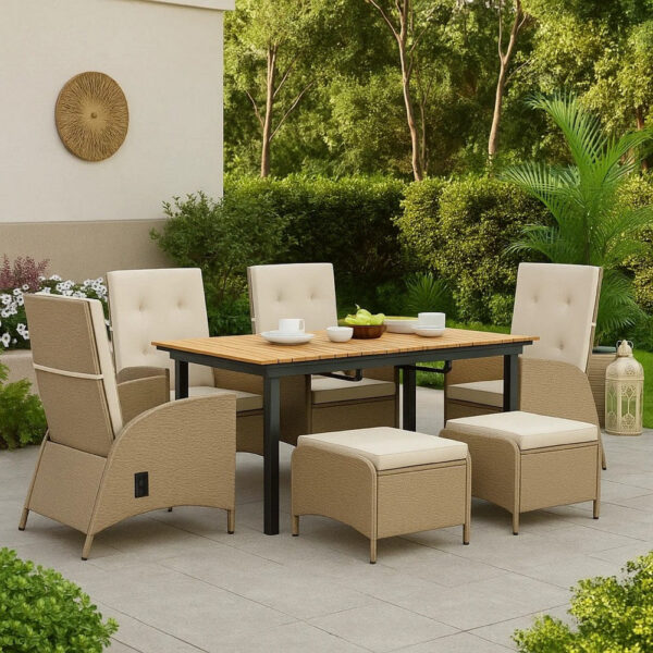 Ankia 7pc Outdoor Reclining Dining Set, 2 Ottomans, 62-84 Inch Table, Brown