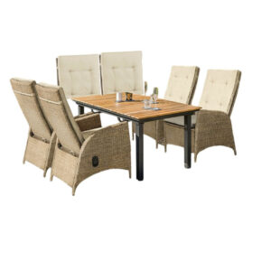 13022026698f0a6a963de.jpeg Ankia 7pc Outdoor Dining Set, 6 Reclining Chairs, Beige, 62-84 Inch Table