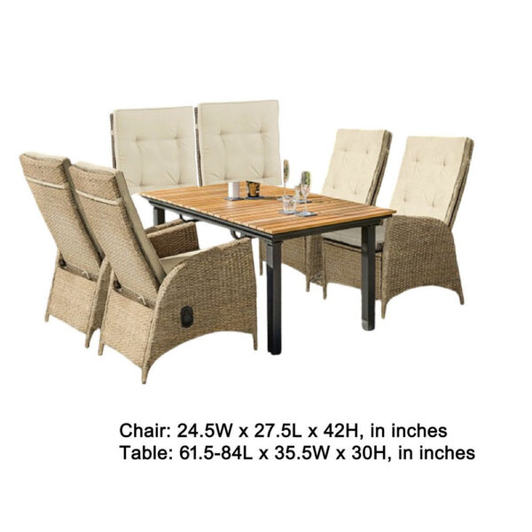 13022026698f0a7128b12.jpeg Ankia 7pc Outdoor Dining Set, 6 Reclining Chairs, Beige, 62-84 Inch Table