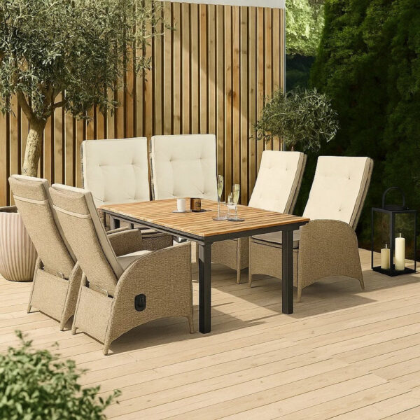 13022026698f0a74bafaa.jpeg Ankia 7pc Outdoor Dining Set, 6 Reclining Chairs, Beige, 62-84 Inch Table