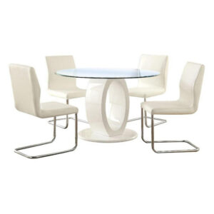 13022026698f0a869f98f.jpeg Gregy 5pc Round Dining Table Set, Oval Pedestal Base, White Fabric