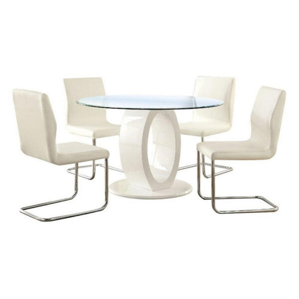 Gregy 5pc Round Dining Table Set, Oval Pedestal Base, White Fabric