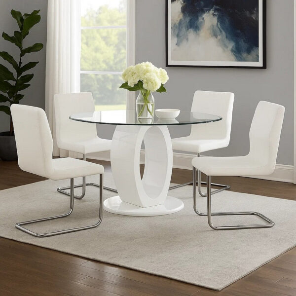Gregy 5pc Round Dining Table Set, Oval Pedestal Base, White Fabric