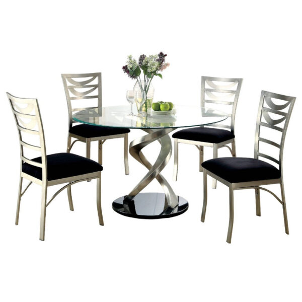Roxe 5pc Dining Set, Glass Table, 4 Ladderback Chairs, Silver-Black