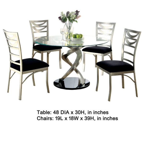 Roxe 5pc Dining Set, Glass Table, 4 Ladderback Chairs, Silver-Black