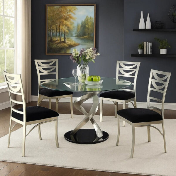 Roxe 5pc Dining Set, Glass Table, 4 Ladderback Chairs, Silver-Black