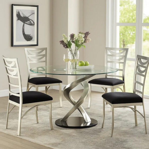Roxe 5pc Dining Set, Glass Table, 4 Ladderback Chairs, Silver-Black