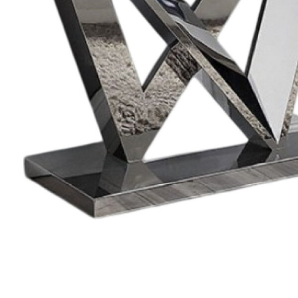 13022026698f0aaa6939c.jpeg Vily Sofa Console Table, Beveled Faux Marble, Chrome Steel V-Base