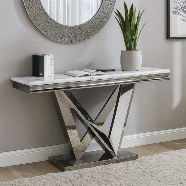 13022026698f0aad5dcd2.jpeg Vily Sofa Console Table, Beveled Faux Marble, Chrome Steel V-Base