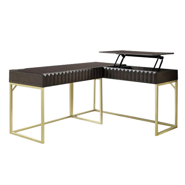 Fredie Corner Desk with Lift-Top USB Port, Gold Frame, Walnut Brown