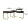 Fredie Corner Desk with Lift-Top USB Port, Gold Frame, Walnut Brown