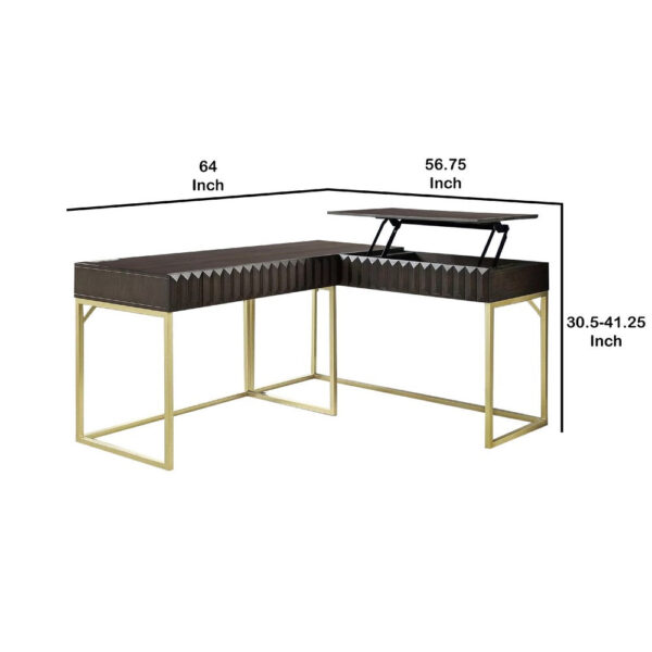 Fredie Corner Desk with Lift-Top USB Port, Gold Frame, Walnut Brown