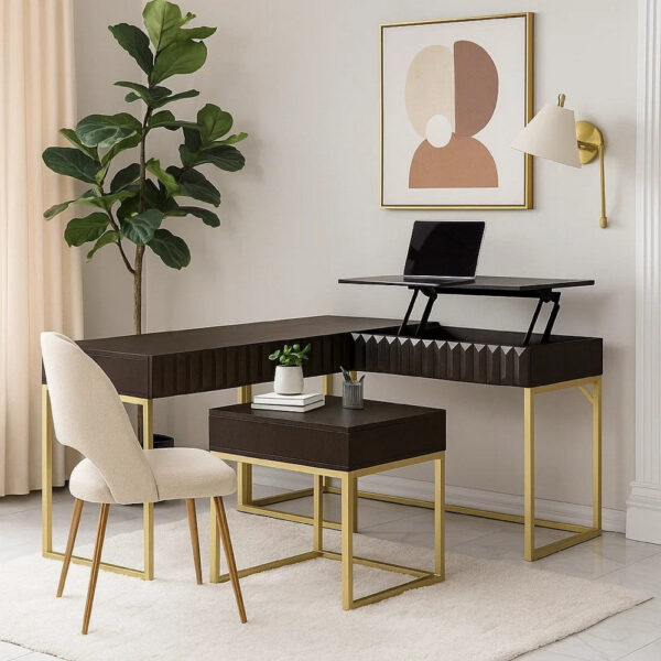 Fredie Corner Desk with Lift-Top USB Port, Gold Frame, Walnut Brown