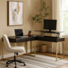 Fredie Corner Desk with Lift-Top USB Port, Gold Frame, Walnut Brown