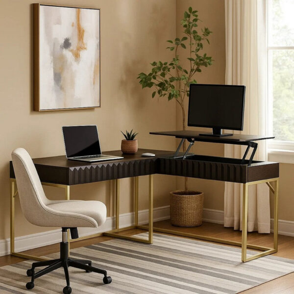 Fredie Corner Desk with Lift-Top USB Port, Gold Frame, Walnut Brown