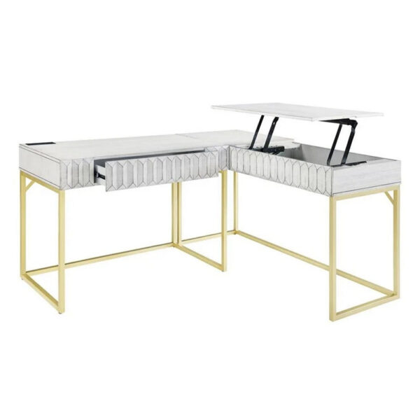 Fredie Corner Desk with Lift-Top USB Port, Gold Frame, Antique White