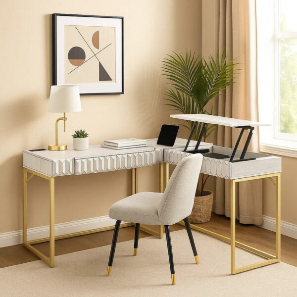 Fredie Corner Desk with Lift-Top USB Port, Gold Frame, Antique White