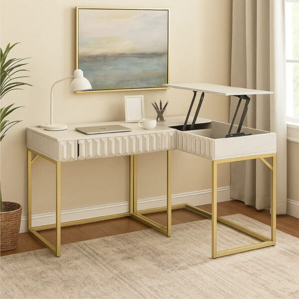 Fredie Corner Desk with Lift-Top USB Port, Gold Frame, Antique White
