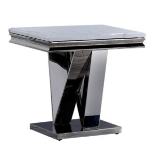 Vily Side End Table, 24 Inch Faux Marble Top, V-Style Chrome Pedestal