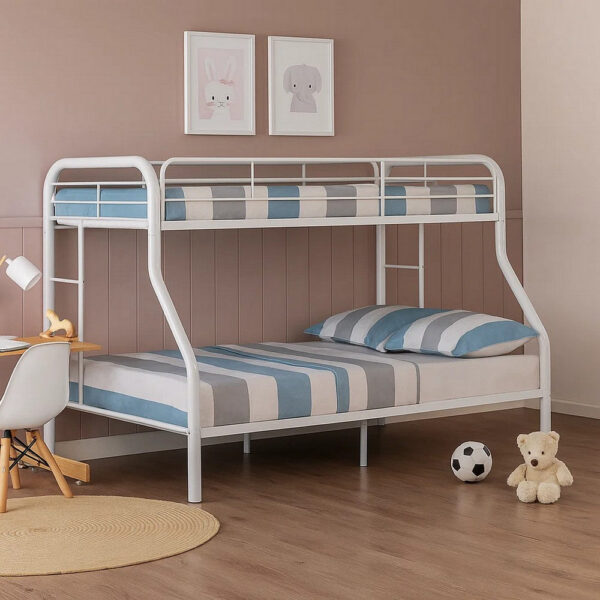 13022026698f0ae47272e.jpeg Fegy Twin over Full Bunk Bed with Ladder and Rails, White Metal Frame