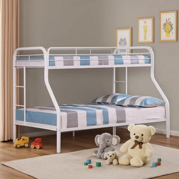 13022026698f0afd716f5.jpeg Fegy Twin over Full Bunk Bed with Ladder and Rails, Silver Metal Frame