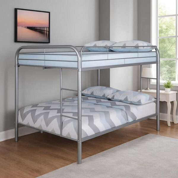 Fegy Full over Full Bunk Bed with Ladder and Rails, Silver Metal Frame