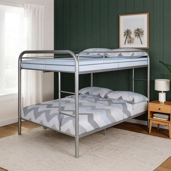 Fegy Full over Full Bunk Bed with Ladder and Rails, Silver Metal Frame