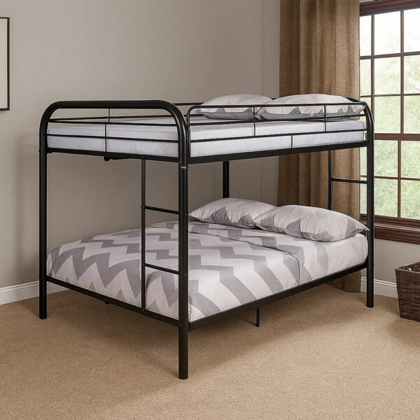 Fegy Full Over Full Bunk Bed, Ladder and Rails, Black Metal Frame