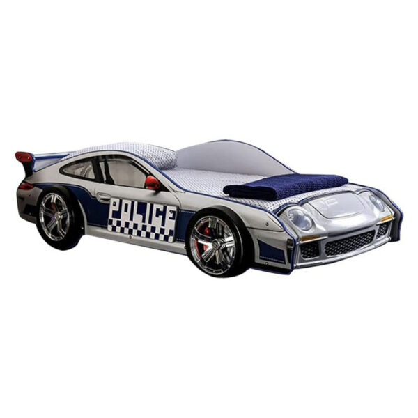 Peri Twin Size Kids Bed with Realistic Police Car Design, White, Blue