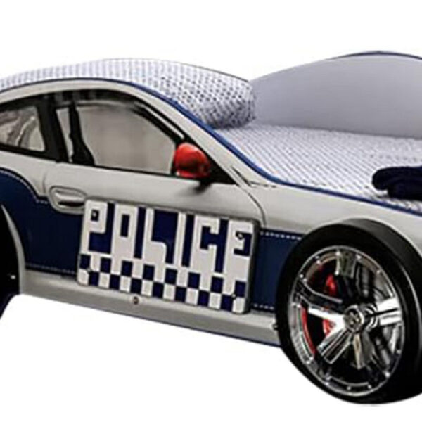 Peri Twin Size Kids Bed with Realistic Police Car Design, White, Blue