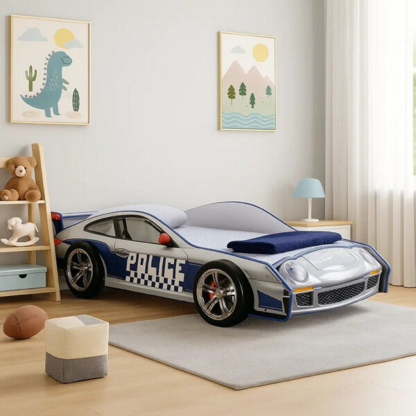 Peri Twin Size Kids Bed with Realistic Police Car Design, White, Blue