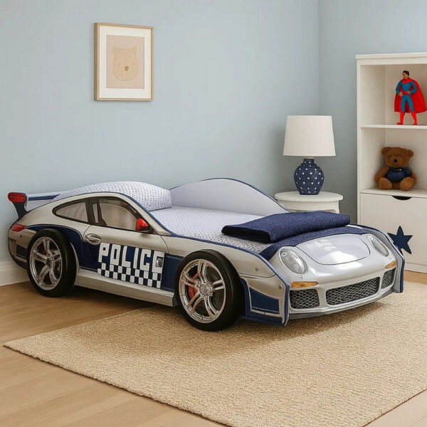 Peri Twin Size Kids Bed with Realistic Police Car Design, White, Blue