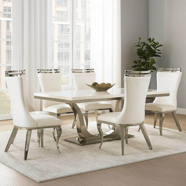 13022026698f0b31b1ab7.jpeg Bedy Dining Side Chair Set of 2, Textured White Velvet, Silver Saber Legs