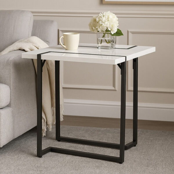 13022026698f0b6ab4a56.jpeg Iry Side End Table, Black Steel Sled Base, 22 Inch, Gloss White Lacquer