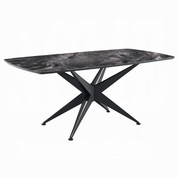 Laus Dining Table, 71 Inch Crystal Glass Top, Black Geometric Base